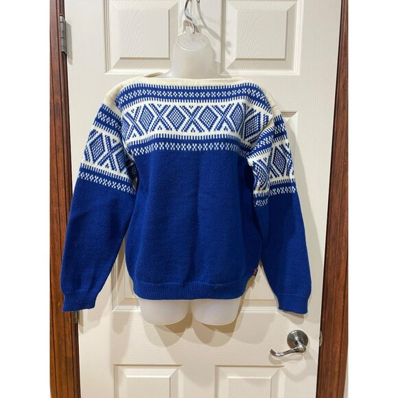 Vintage 70s Block Heater Fair Isle Wool Sweater Women’s Small Blue & Cream Geome - Picture 8 of 9